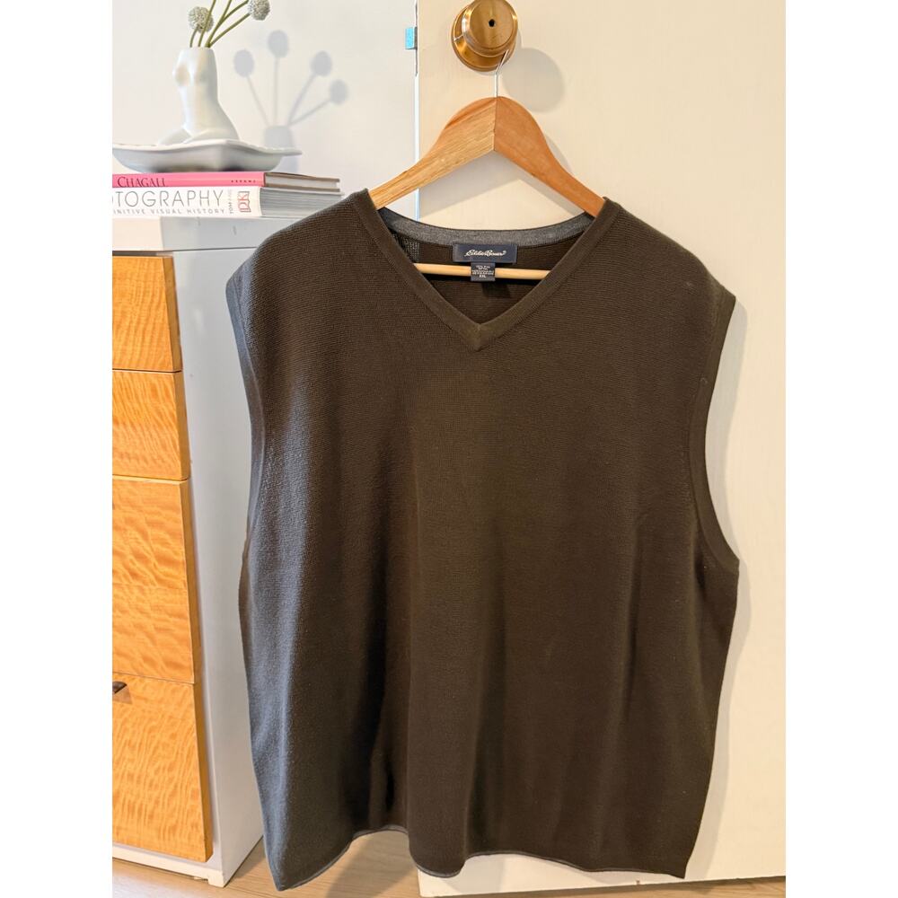 ✨ Eddie Bauer Olive Green Cotton Sweater Vest V Neck Minimalist Classic Knit XXL